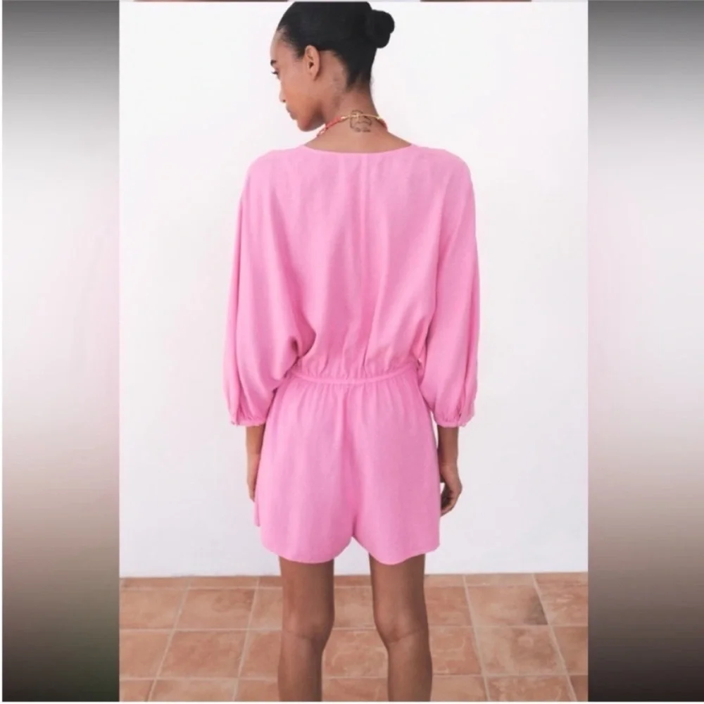 Zara, pink, linen blend short jumpsuit, Size Medium